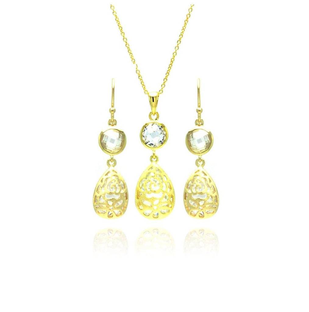 .925 Sterling Silver Gold Plated Teardrop Round Cz Dangling Stud Earring & Necklace Set