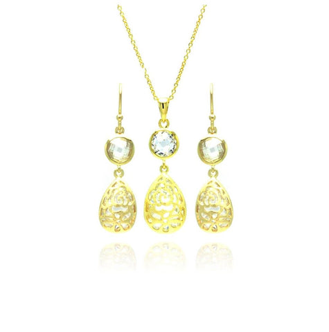 .925 Sterling Silver Gold Plated Teardrop Round Cz Dangling Stud Earring & Necklace Set