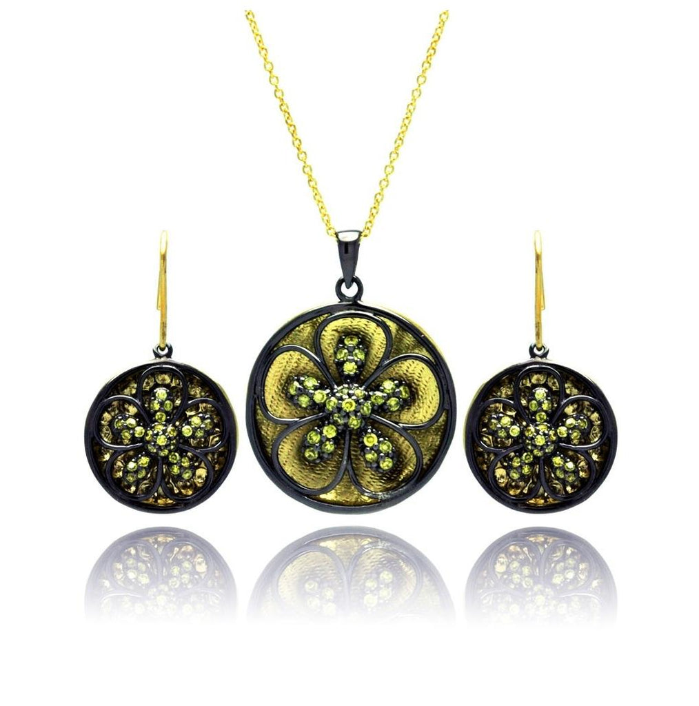 .925 Sterling Silver Black Rhodium Gold Plated Flower Cz Dangling Stud Earring & Necklace Set