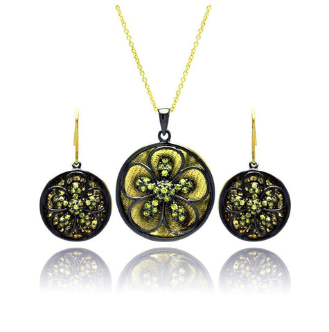 .925 Sterling Silver Black Rhodium Gold Plated Flower Cz Dangling Stud Earring & Necklace Set