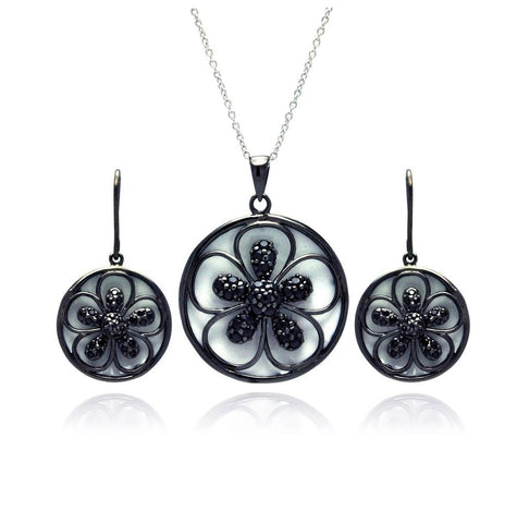 .925 Sterling Silver Black Rhodium Plated Flower White Enamel Cz Dangling Stud Earring & Necklace Set