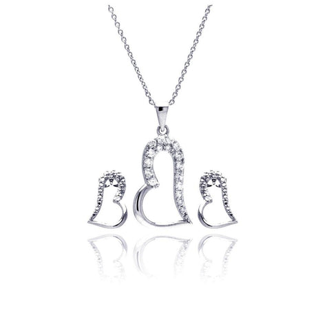 .925 Sterling Silver Rhodium Plated Open Heart Cz Stud Earring & Necklace Set