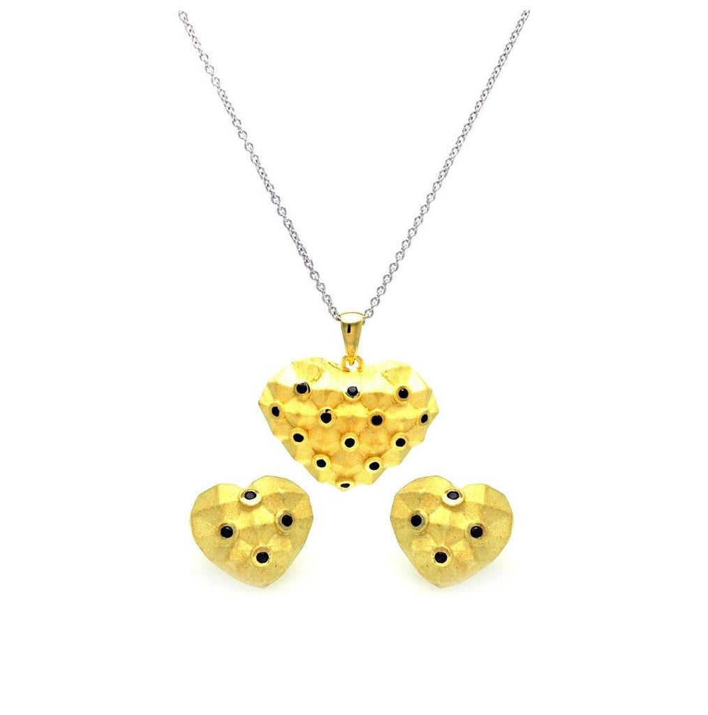 .925 Sterling Silver Gold Plated Black Polka Dot Heart Cz Stud Earring & Necklace Set