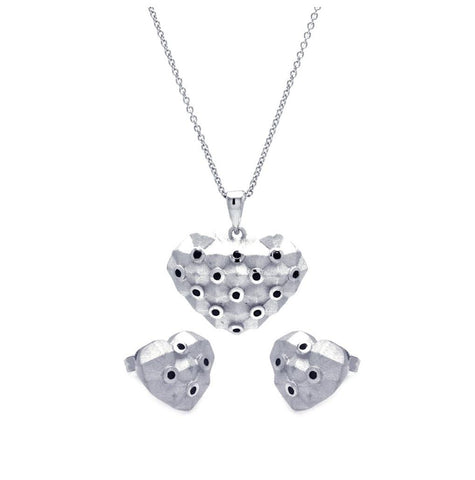 .925 Sterling Silver Rhodium Plated Black Polka Dot Heart Cz Stud Earring & Necklace Set