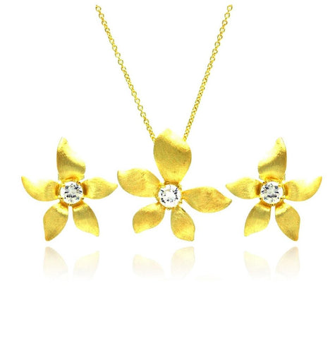 .925 Sterling Silver Gold Plated Flower Cz Stud Earring & Necklace Set