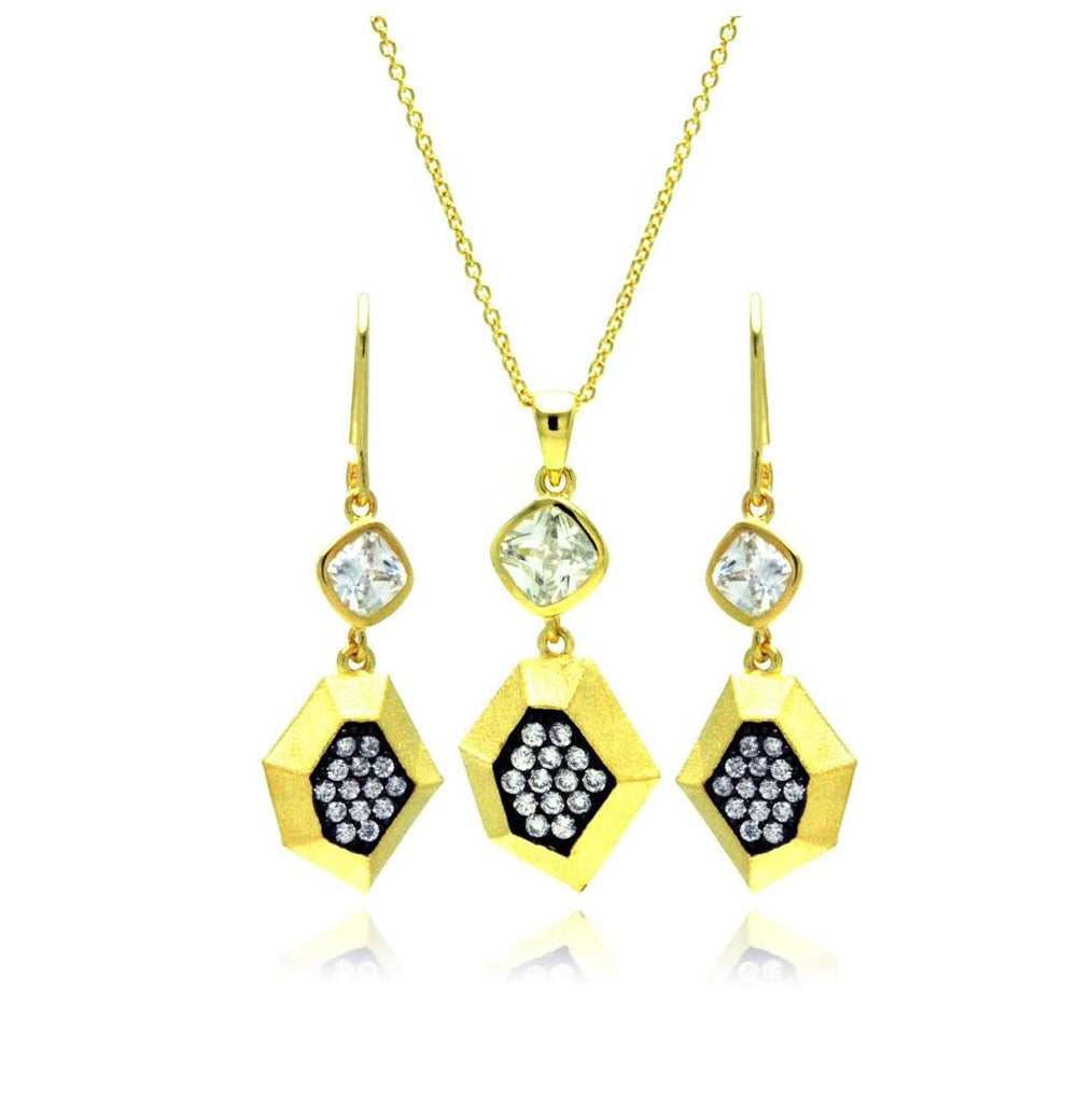 .925 Sterling Silver Gold Plated Black Cz Dangling Stud Earring & Necklace Set