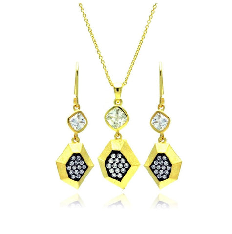 .925 Sterling Silver Gold Plated Black Cz Dangling Stud Earring & Necklace Set