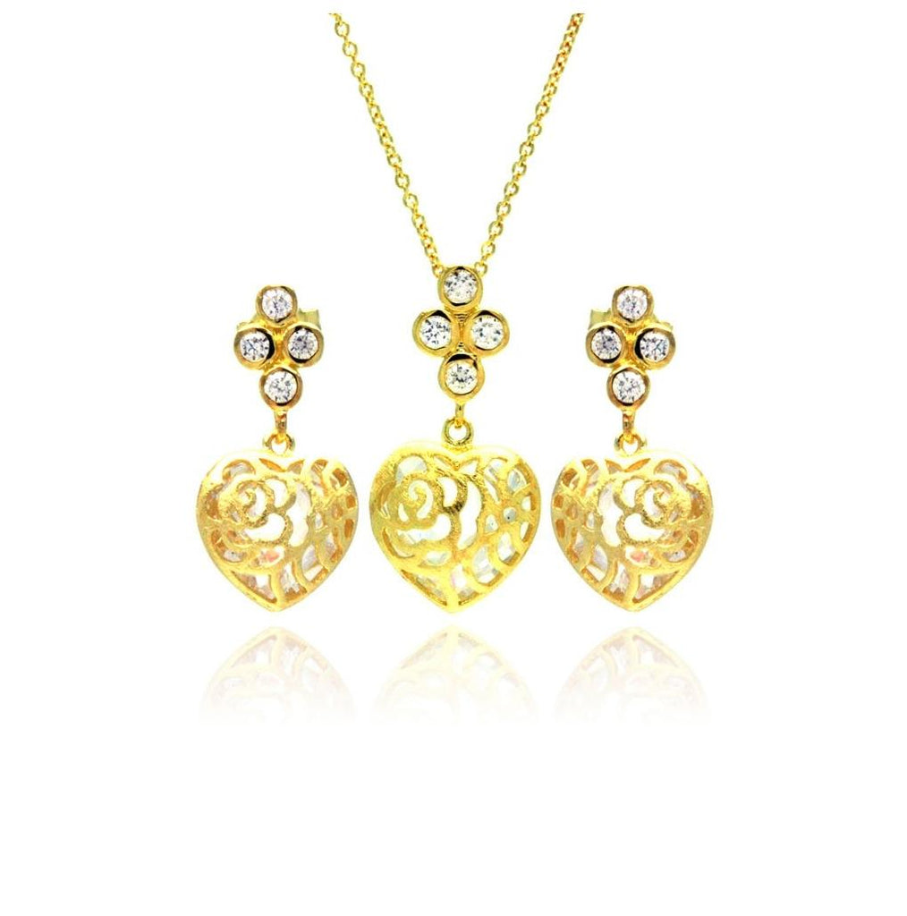 .925 Sterling Silver Gold Plated Heart Filigree Cz Dangling Stud Earring & Necklace Set