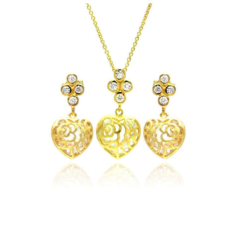 .925 Sterling Silver Gold Plated Heart Filigree Cz Dangling Stud Earring & Necklace Set