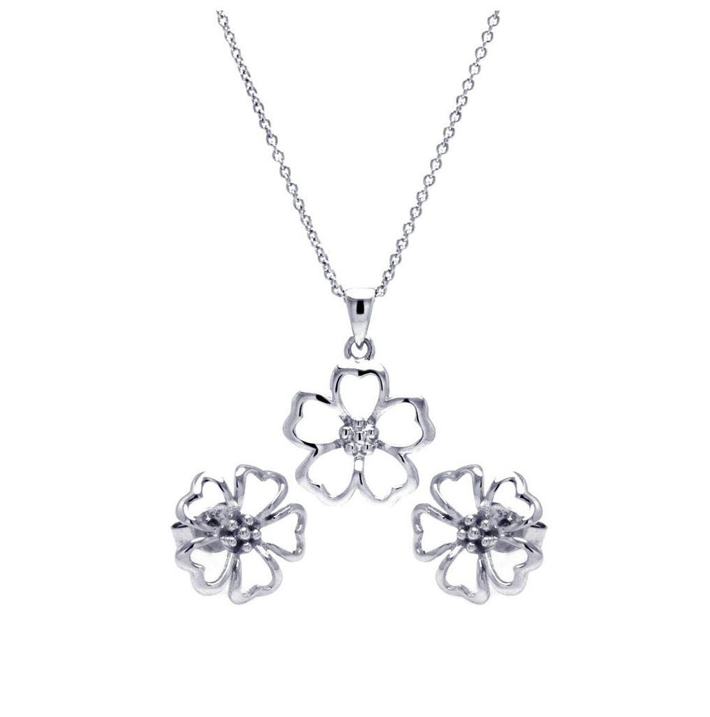 .925 Sterling Silver Rhodium Plated Open Flower Cz Stud Earring & Necklace Set