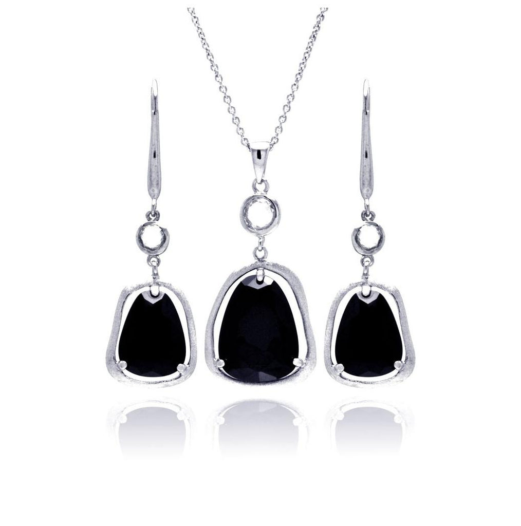 .925 Sterling Silver Rhodium Plated Black Teardrop Wide Cz Dangling Lever Back Earring & Necklace Set