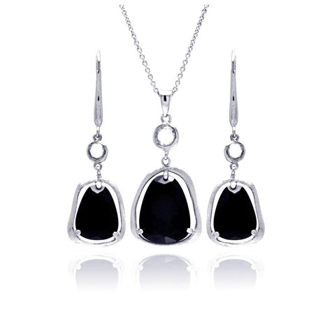 .925 Sterling Silver Rhodium Plated Black Teardrop Wide Cz Dangling Lever Back Earring & Necklace Set