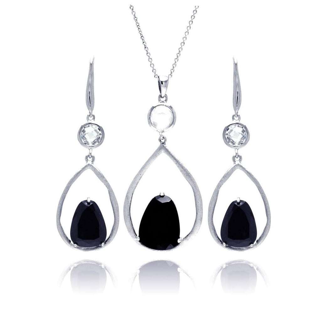 .925 Sterling Silver Rhodium Plated Open Wide Teardrop Black Cz Earring & Necklace Set