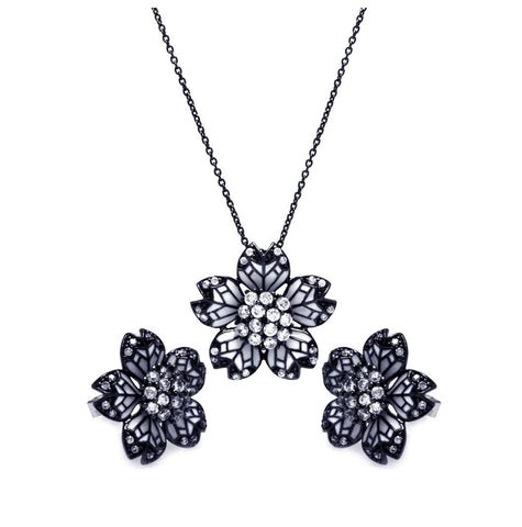 .925 Sterling Silver Black Rhodium Plated Flower White Enamel Cz Stud Earring & Necklace Set