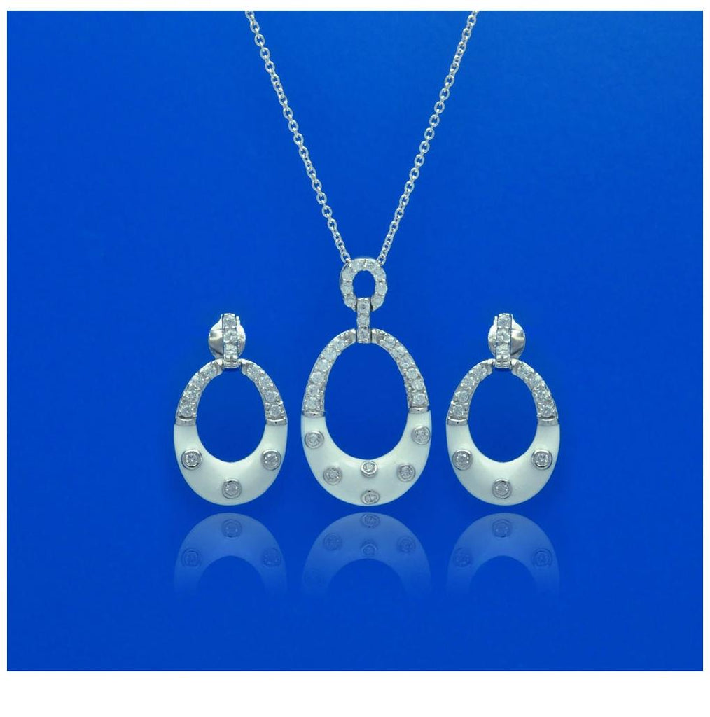 .925 Sterling Silver Rhodium Plated Open Oval White Enamel Cz Dangling Stud Earring & Necklace Set