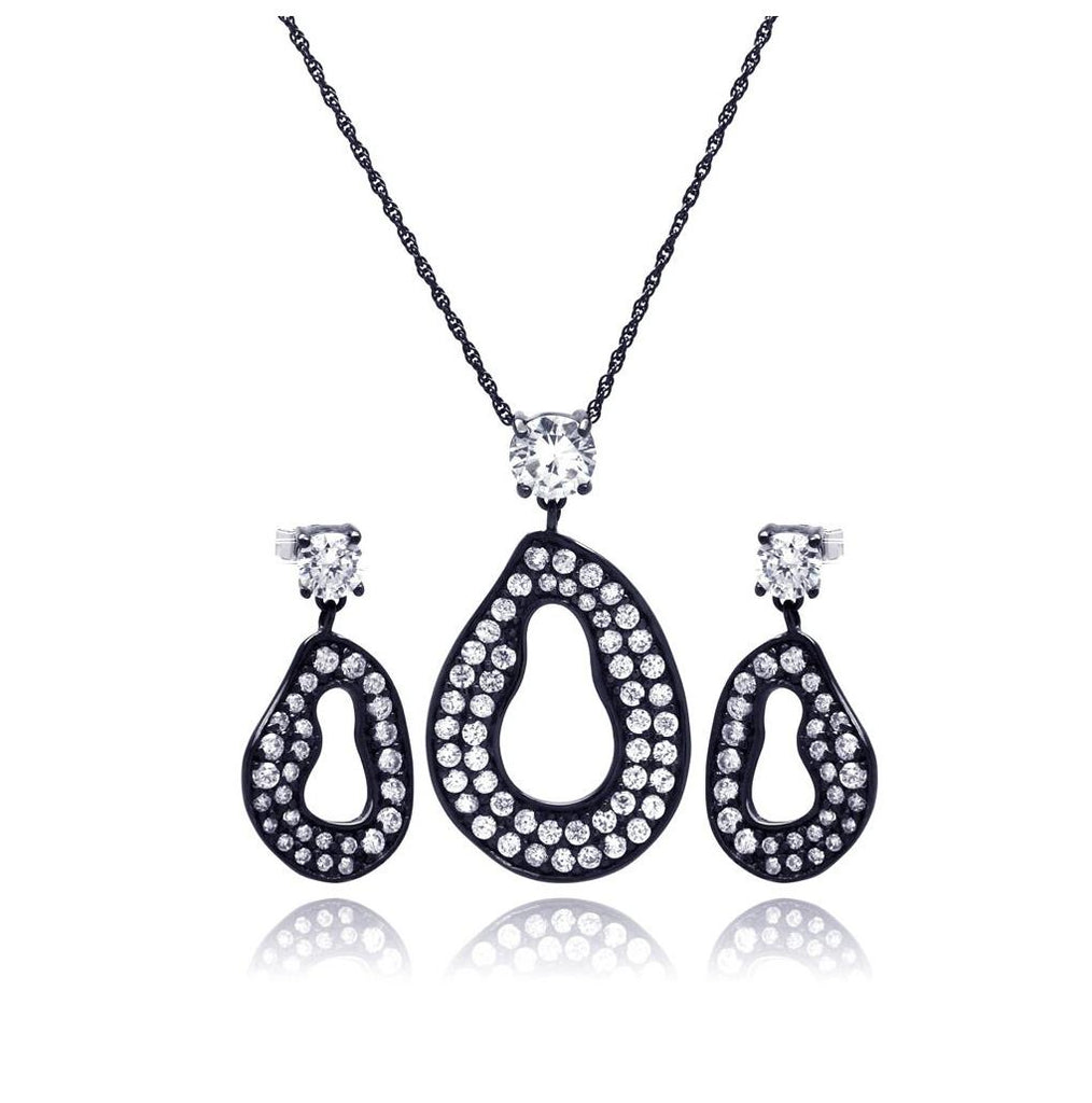 .925 Sterling Silver Rhodium Plated Open Oval Cz Dangling Stud Earring & Necklace Set