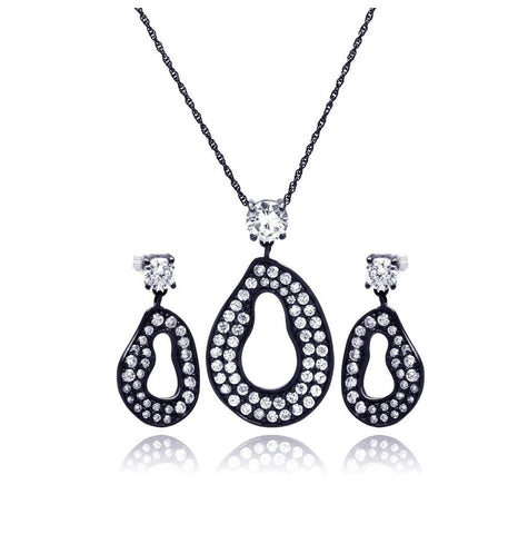 .925 Sterling Silver Rhodium Plated Open Oval Cz Dangling Stud Earring & Necklace Set