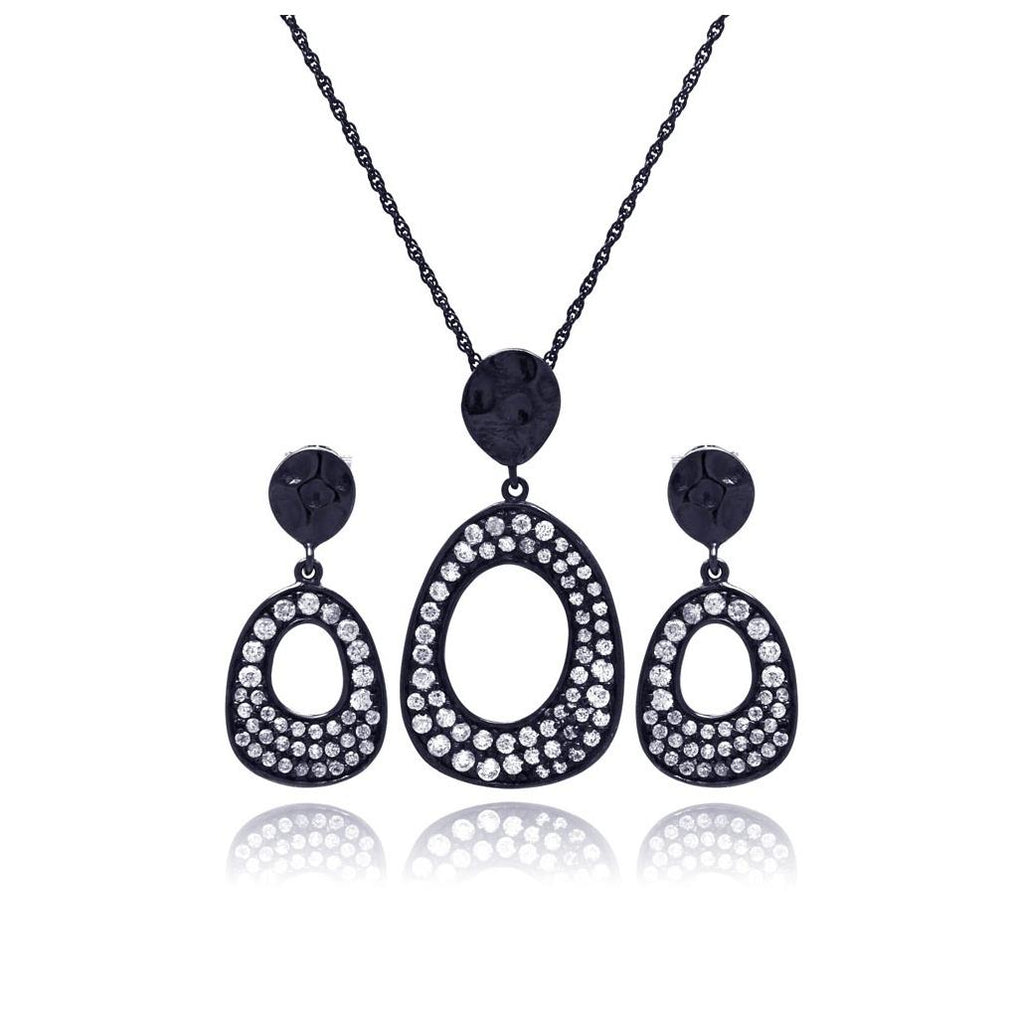 .925 Sterling Silver Black Rhodium Plated Open Oval Cz Dangling Stud Earring & Necklace Set