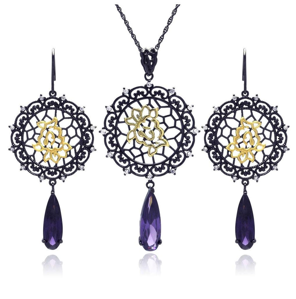 .925 Sterling Silver Black Rhodium Plated Round Flower Cz Dangling Hook Earring & Necklace Set