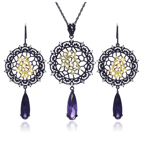 .925 Sterling Silver Black Rhodium Plated Round Flower Cz Dangling Hook Earring & Necklace Set