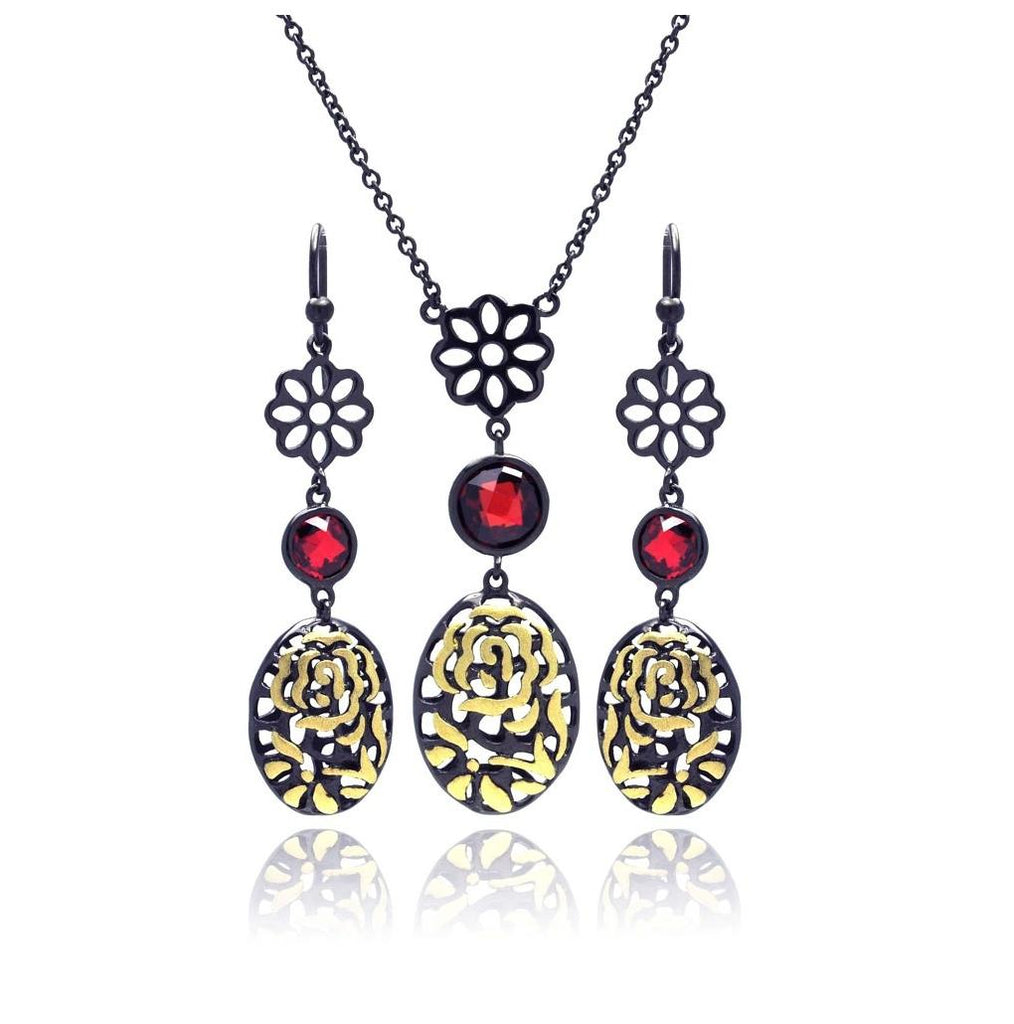 .925 Sterling Silver Black Rhodium Gold Plated Flower Filigree Red Cz Stud Earring & Necklace Set