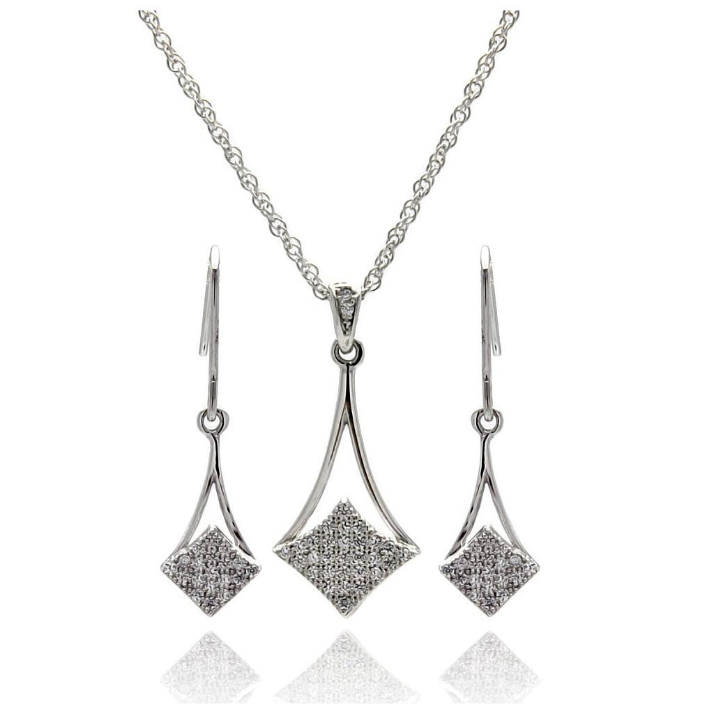 .925 Sterling Silver Rhodium Plated Micro Pave Cz Dangling Hook Earring & Necklace Set