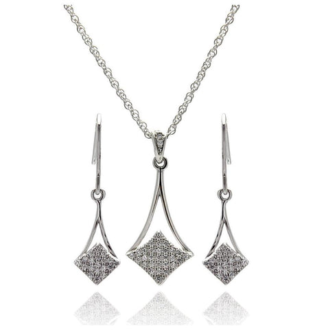 .925 Sterling Silver Rhodium Plated Micro Pave Cz Dangling Hook Earring & Necklace Set