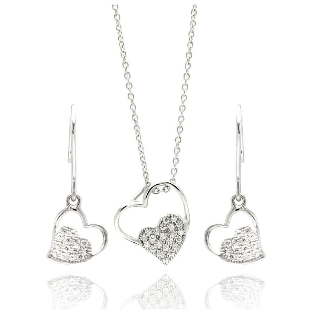 .925 Sterling Silver Rhodium Plated Open Heart Cz Dangling Hook Earring & Necklace Set