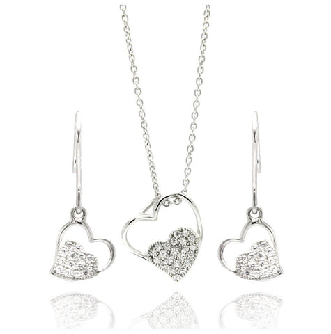 .925 Sterling Silver Rhodium Plated Open Heart Cz Dangling Hook Earring & Necklace Set