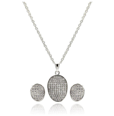 .925 Sterling Silver Rhodium Plated Oval Cz Stud Earring & Necklace Set