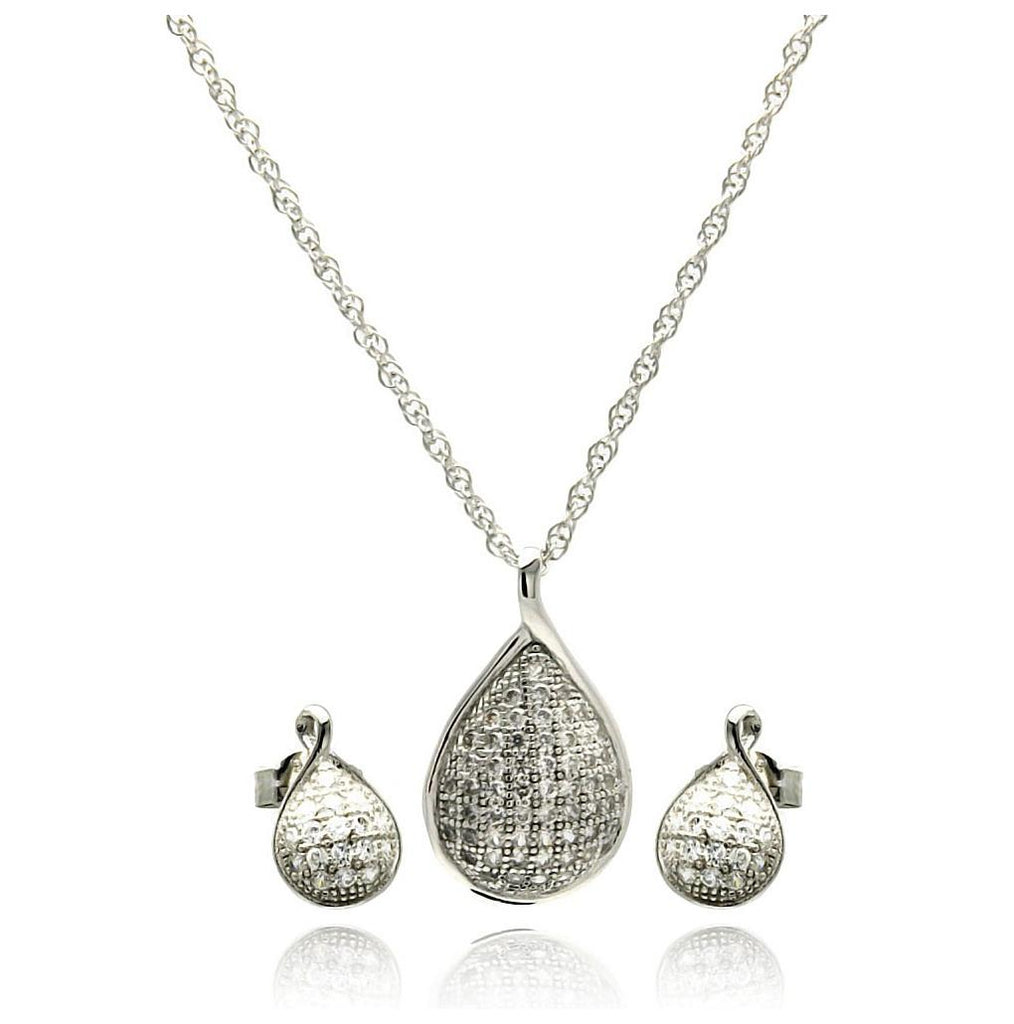 .925 Sterling Silver Rhodium Plated Teardrop Cz Stud Earring & Necklace Set