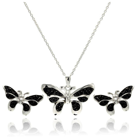 .925 Sterling Silver Rhodium Plated Black Butterfly Cz Stud Earring & Necklace Set