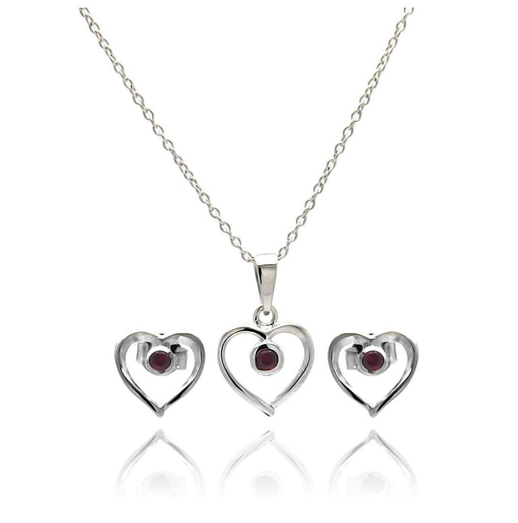 .925 Sterling Silver Rhodium Plated Open Heart Round Red Cz Stud Earring & Necklace Set