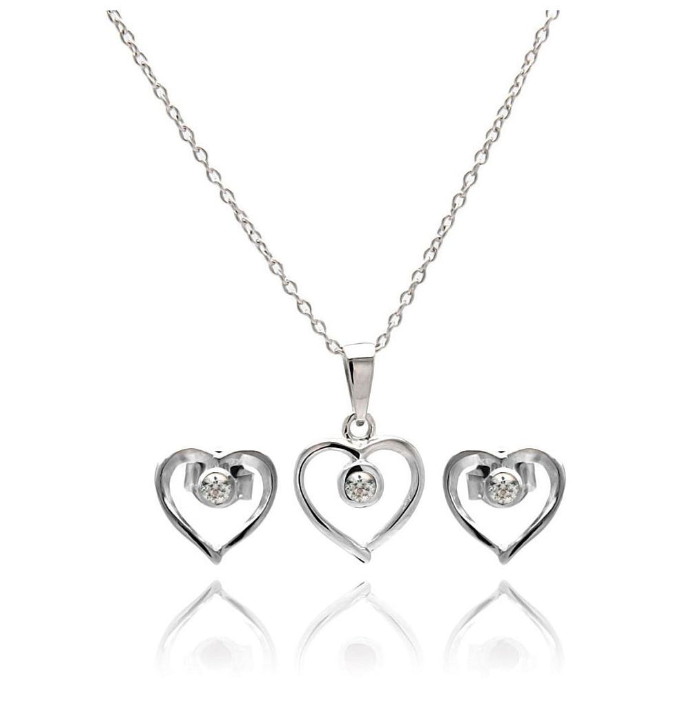 .925 Sterling Silver Rhodium Plated Open Heart Round Cz Stud Earring & Necklace Set