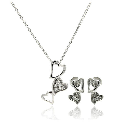 .925 Sterling Silver Rhodium Plated Multiple Open Heart Cz Dangling Stud Earring & Necklace Set