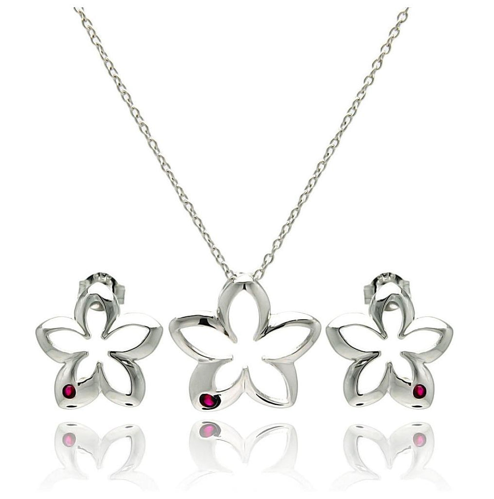 .925 Sterling Silver Rhodium Plated Open Flower Small Red Round Cz Stud Earring & Necklace Set