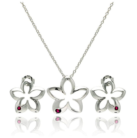 .925 Sterling Silver Rhodium Plated Open Flower Small Red Round Cz Stud Earring & Necklace Set