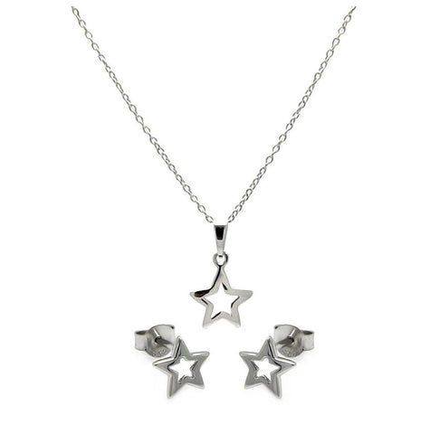 .925 Sterling Silver Rhodium Plated Open Star Cz Stud Earring & Necklace Set