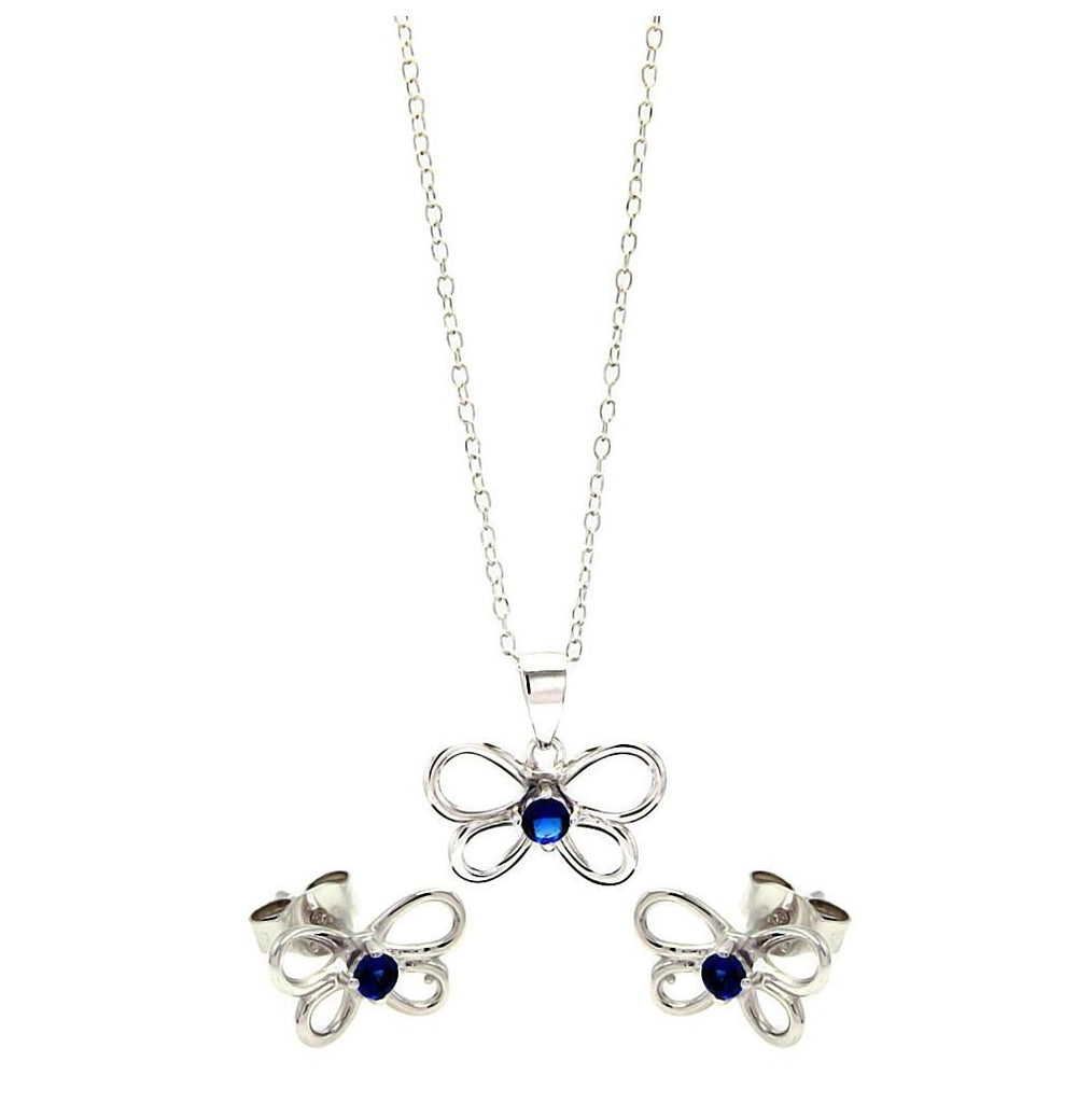 .925 Sterling Silver Rhodium Plated Open Butterfly Round Blue Cz Stud Earring & Necklace Set