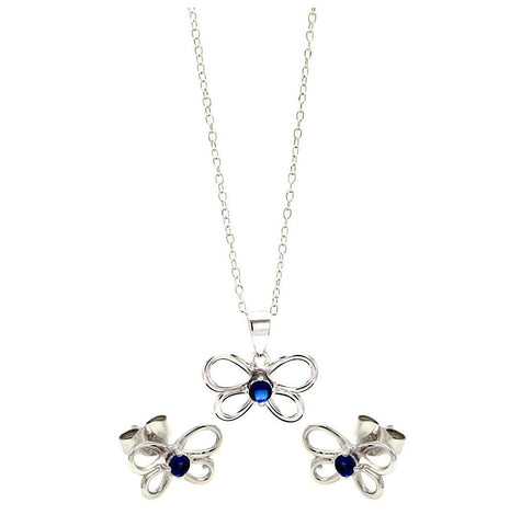 .925 Sterling Silver Rhodium Plated Open Butterfly Round Blue Cz Stud Earring & Necklace Set