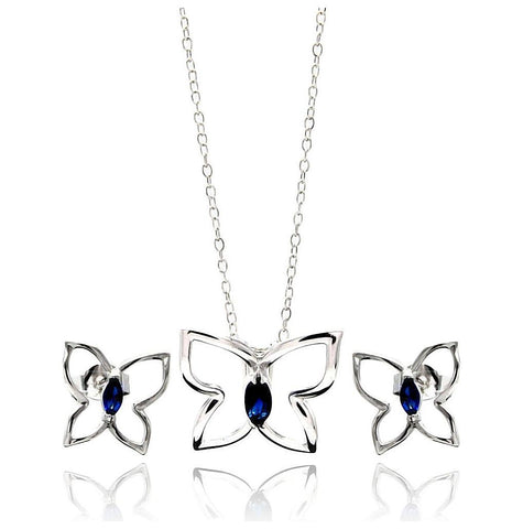 .925 Sterling Silver Rhodium Plated Open Butterfly Blue Marqui Cz Stud Earring & Necklace Set