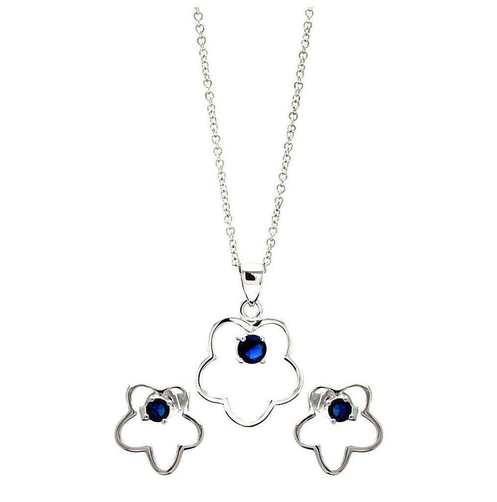 .925 Sterling Silver Rhodium Plated Open Flower Round Blue Cz Stud Earring & Necklace Set