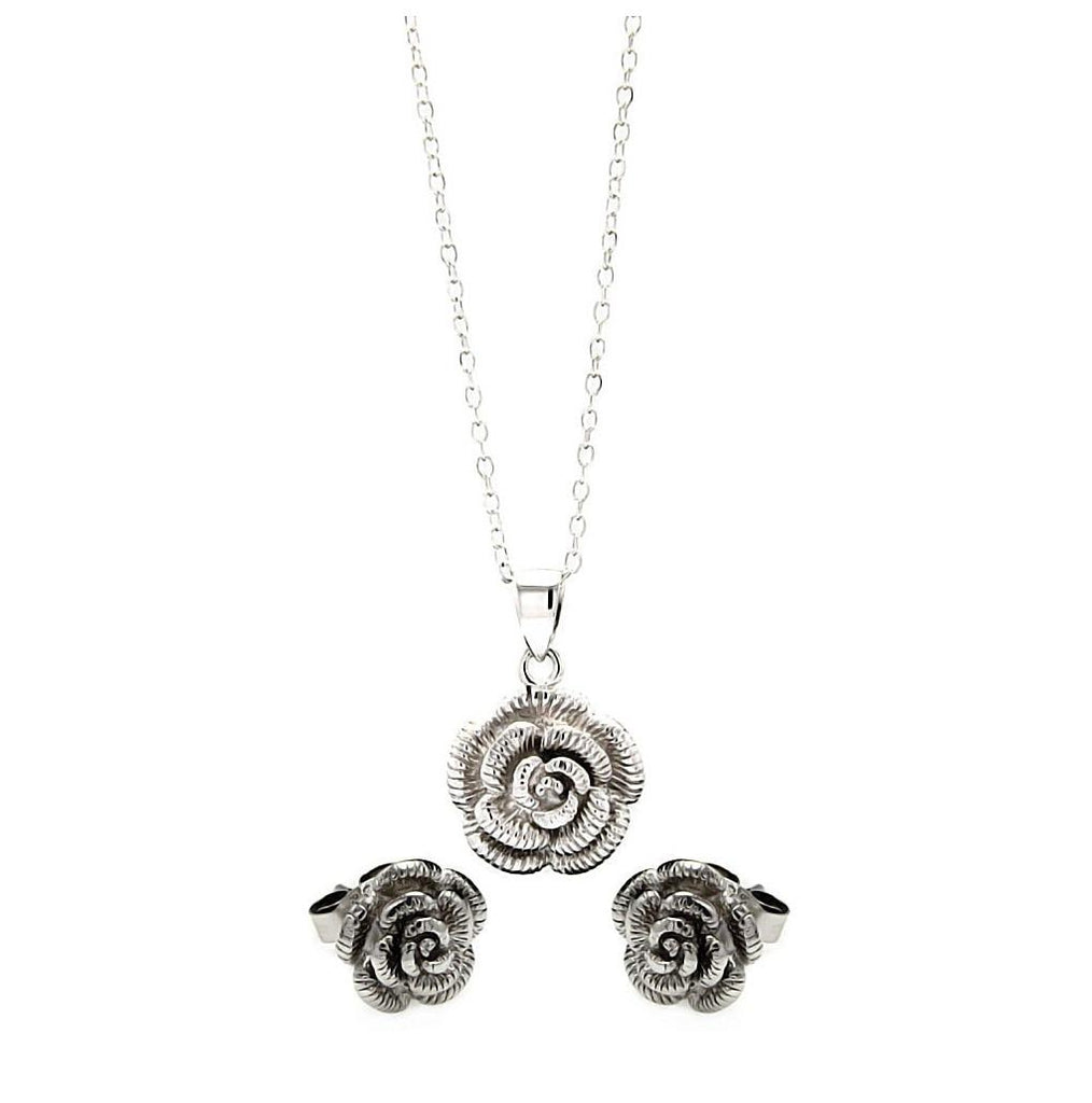 .925 Sterling Silver Rhodium Plated Flower Cz Stud Earring & Necklace Set
