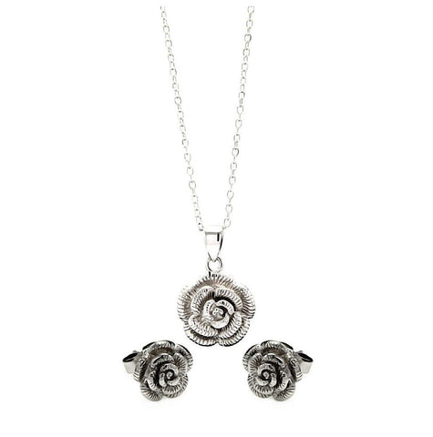 .925 Sterling Silver Rhodium Plated Flower Cz Stud Earring & Necklace Set