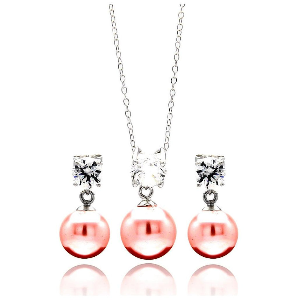 .925 Sterling Silver Rhodium Plated Pink Pearl Dangling Stud Earring & Necklace Set