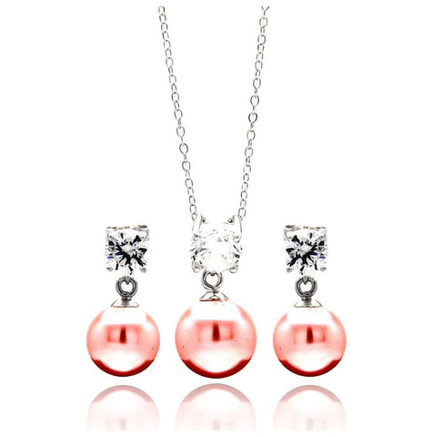 .925 Sterling Silver Rhodium Plated Pink Pearl Dangling Stud Earring & Necklace Set