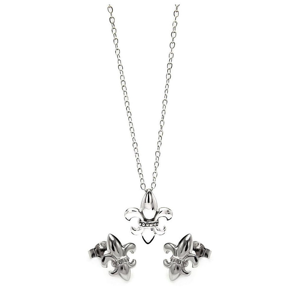 .925 Sterling Silver Rhodium Plated Fleur De Lis Cz Stud Earring & Necklace Set