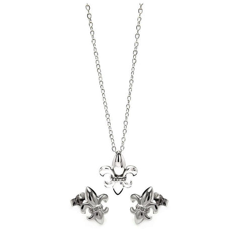 .925 Sterling Silver Rhodium Plated Fleur De Lis Cz Stud Earring & Necklace Set