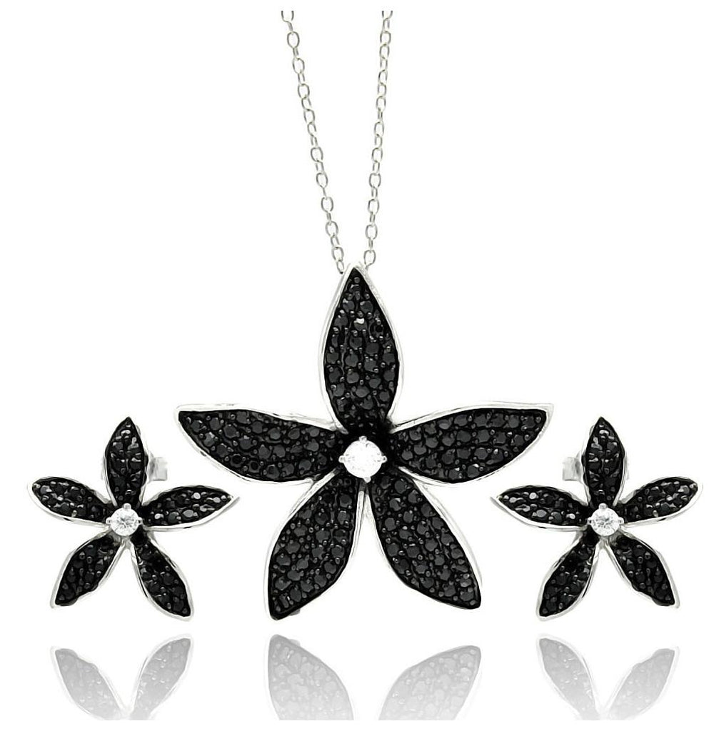 .925 Sterling Silver Rhodium Plated Black Flower Cz Stud Earring & Necklace Set