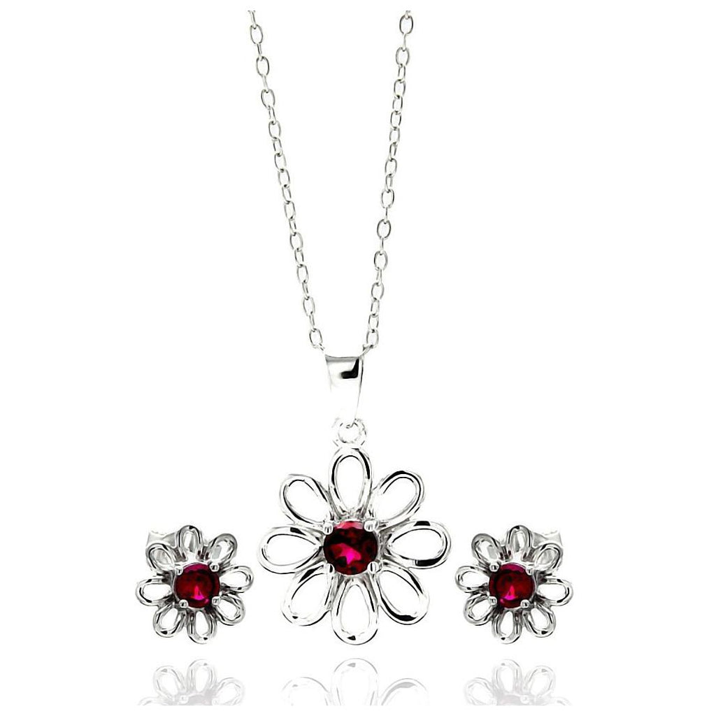 .925 Sterling Silver Rhodium Plated Open Flower Center Red Round Cz Stud Earring & Necklace Set